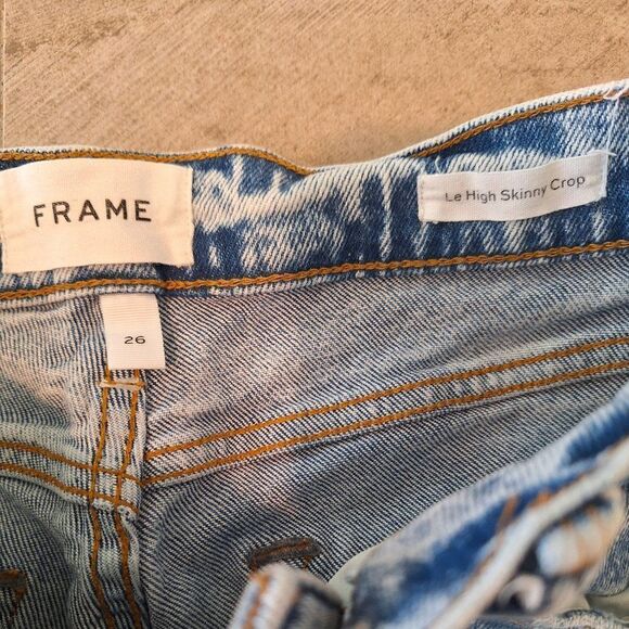 FRAME LE HIGH SKINNY JEANS CROPPED‎ FRAYED-HEM DISTRESSING LOMBARD WASH BLUE 26 - Picture 3 of 8